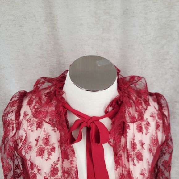 French Cherry Red See Through Lace Coquette Girl Long Sleeves Top Jacket - Picture 3 of 15